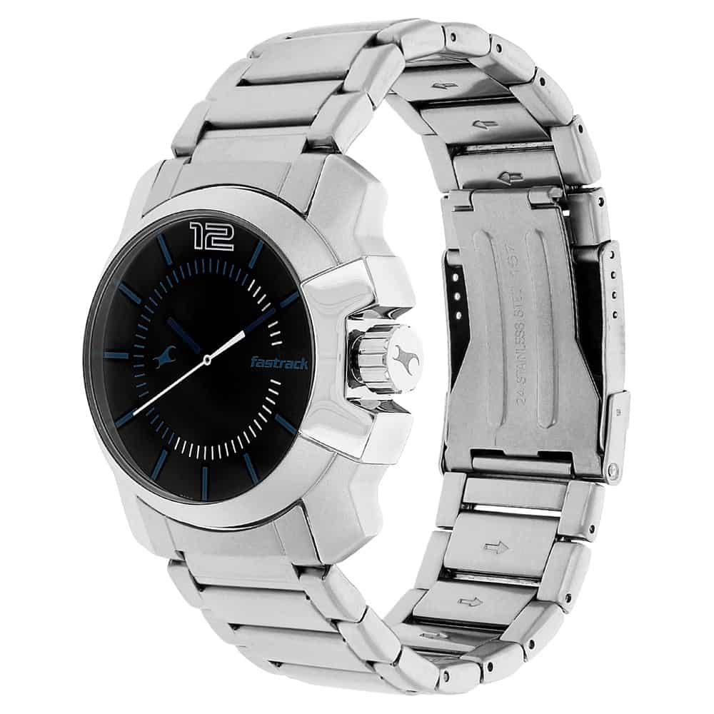NR3097SM01 BLACK DIAL SILVER STAINLESS STEEL STRAP WATCH - Kamal Watch Company