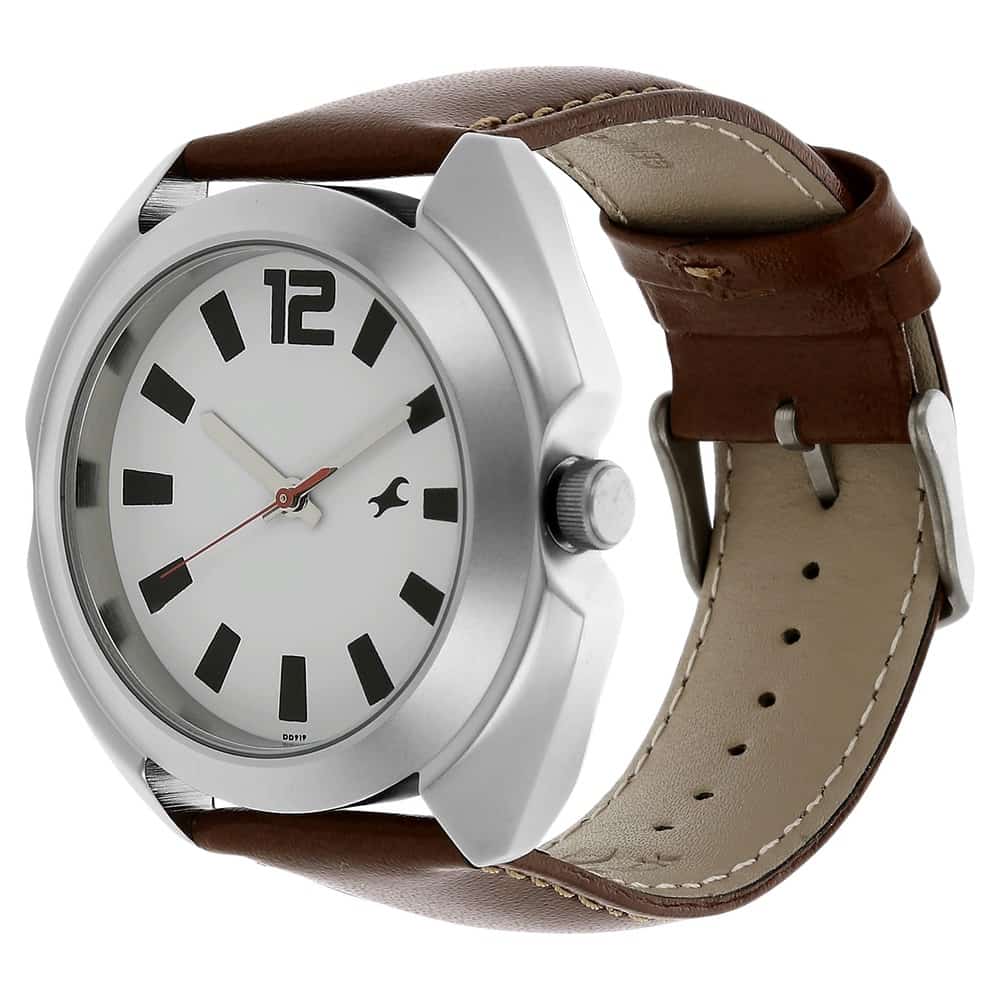 NR3117SL01 WHITE DIAL BROWN LEATHER STRAP WATCH - Kamal Watch Company