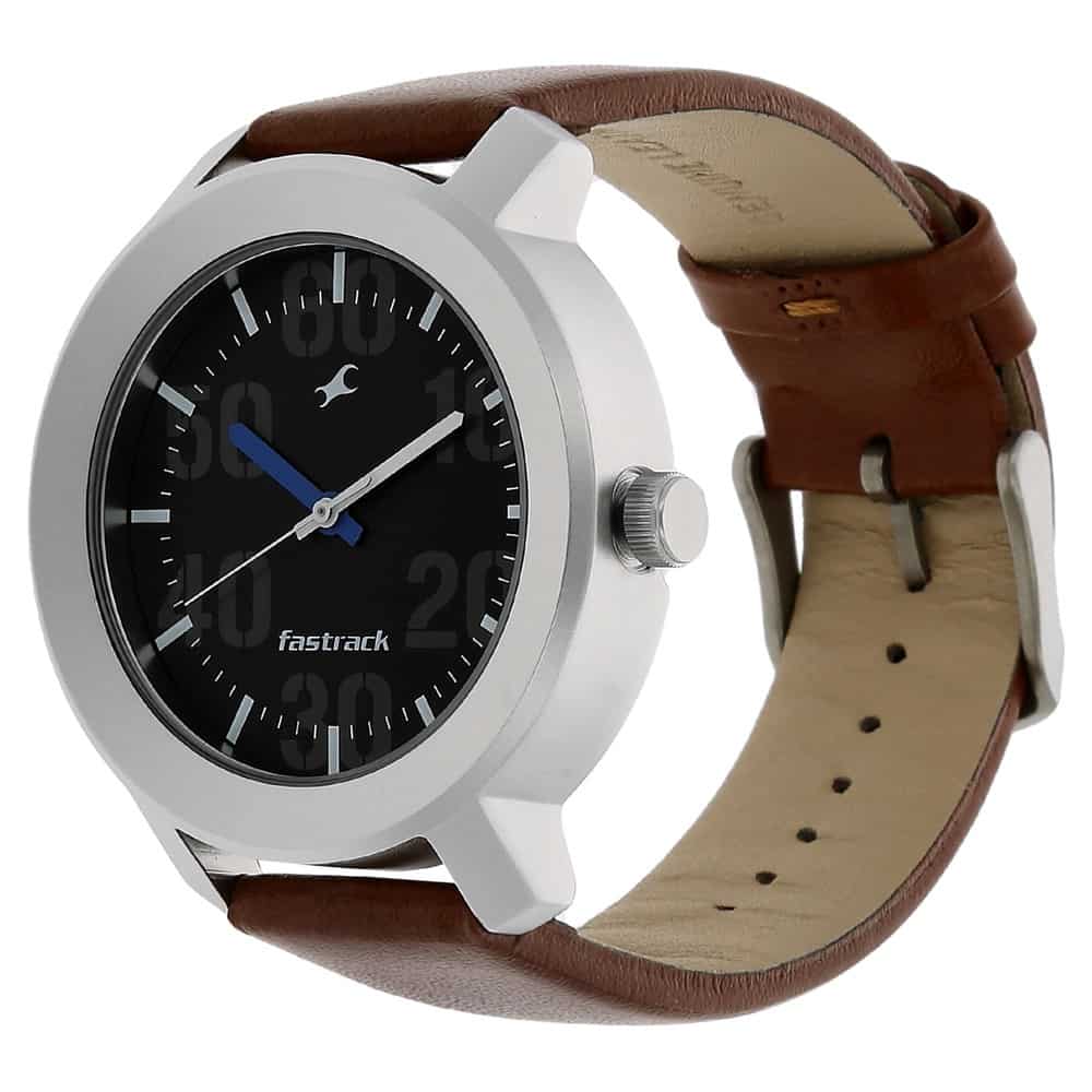 NR3121SL01 BLACK DIAL BROWN LEATHER STRAP WATCH - Kamal Watch Company