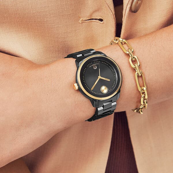Ladies' Movado Bold® Verso Gold-Tone IP and Black Ceramic Watch with Black Dial-3600936 - Kamal Watch Company