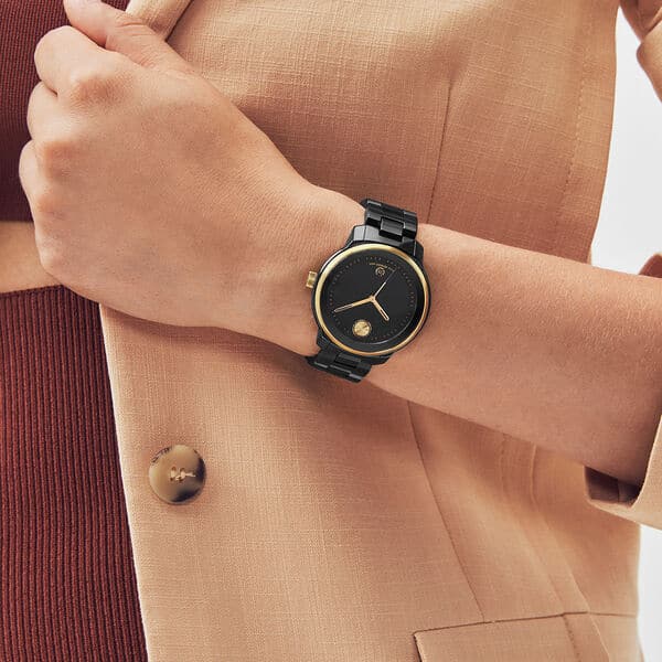 Ladies' Movado Bold® Verso Gold-Tone IP and Black Ceramic Watch with Black Dial-3600936 - Kamal Watch Company