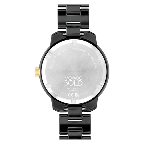 Ladies' Movado Bold® Verso Gold-Tone IP and Black Ceramic Watch with Black Dial-3600936 - Kamal Watch Company