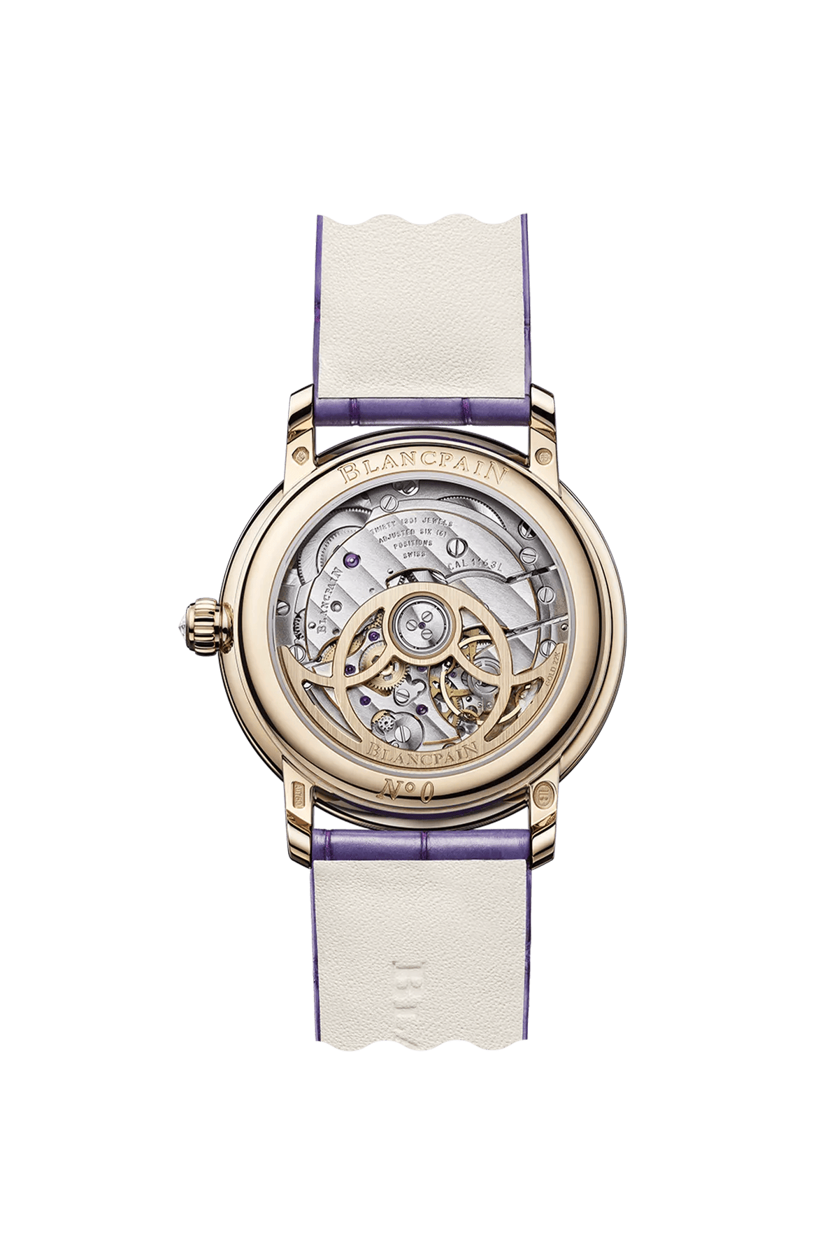 Blancpain Ladybird Colors Phases de Lune 3662E-2954-55A – sapphire caseback showing calibre 1163L