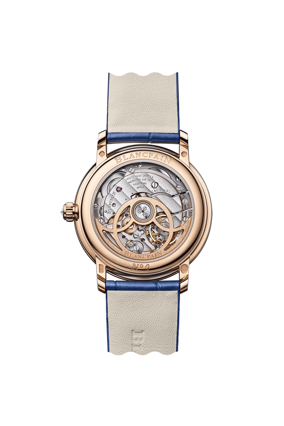 Blancpain Ladybird Colors Phases de Lune 3662-2954-55B – sapphire caseback showing calibre 1163L