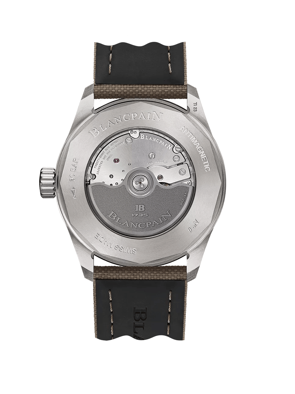 Blancpain Fifty Fathoms Bathyscaphe Quantième Complet Phases de Lune 5054-1210-G52A – sapphire caseback showing calibre 6654.P