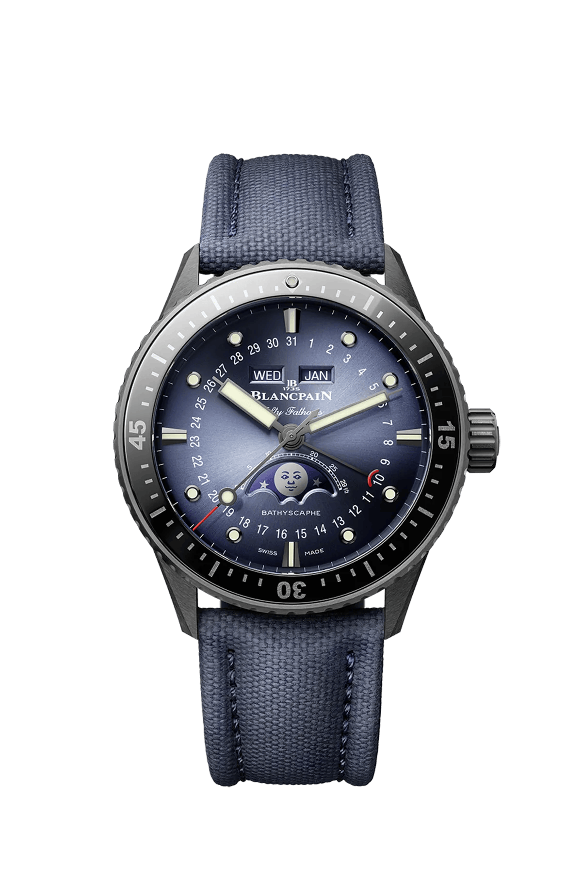 Blancpain Fifty Fathoms Bathyscaphe Quantième Complet Phases de Lune 5054-0140-O52A 43.6 mm Ceramic Blue Dial Watch for Men