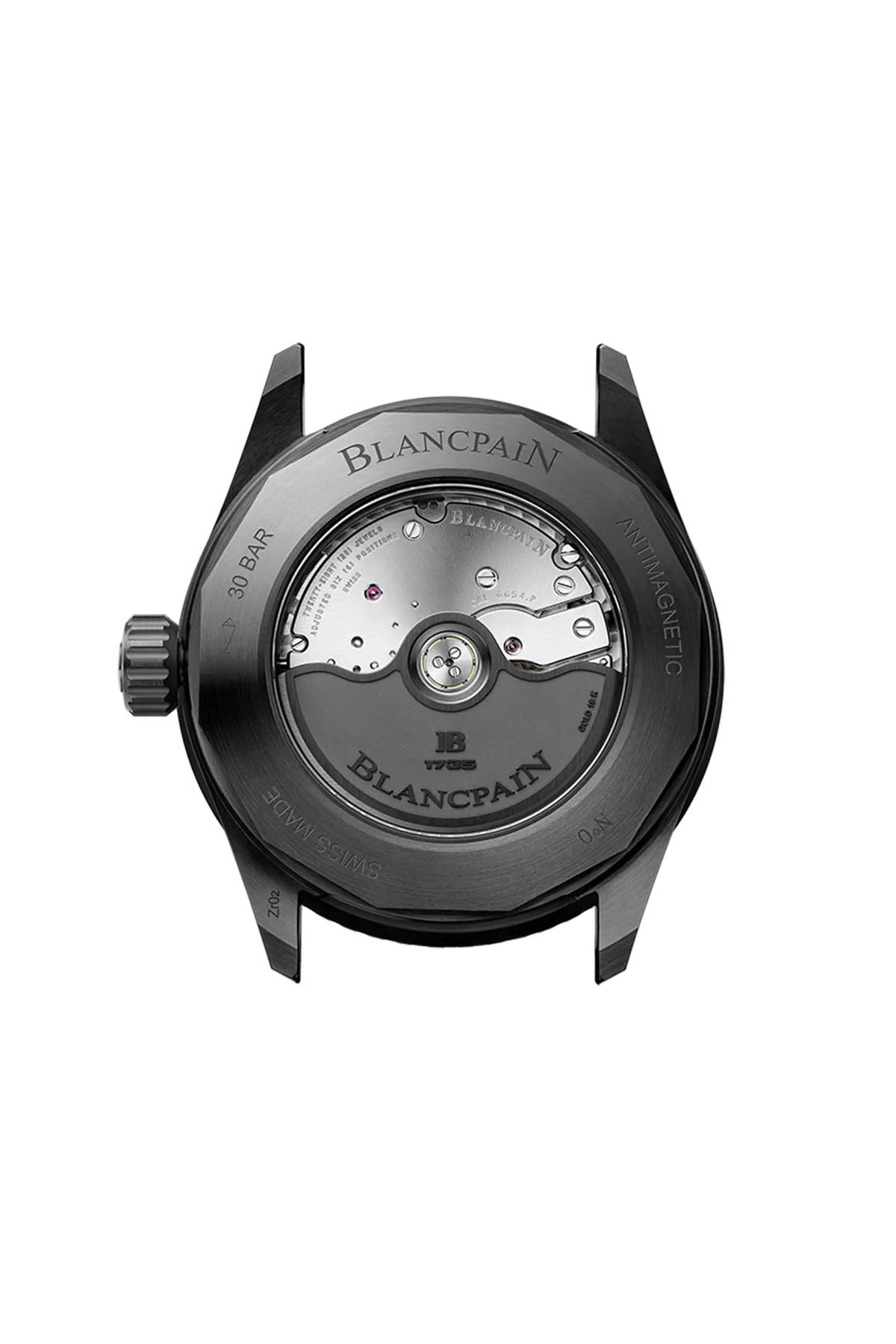 Blancpain Fifty Fathoms Bathyscaphe Quantième Complet Phases de Lune 5054-0153-B52A – sapphire caseback showing calibre 6654.P