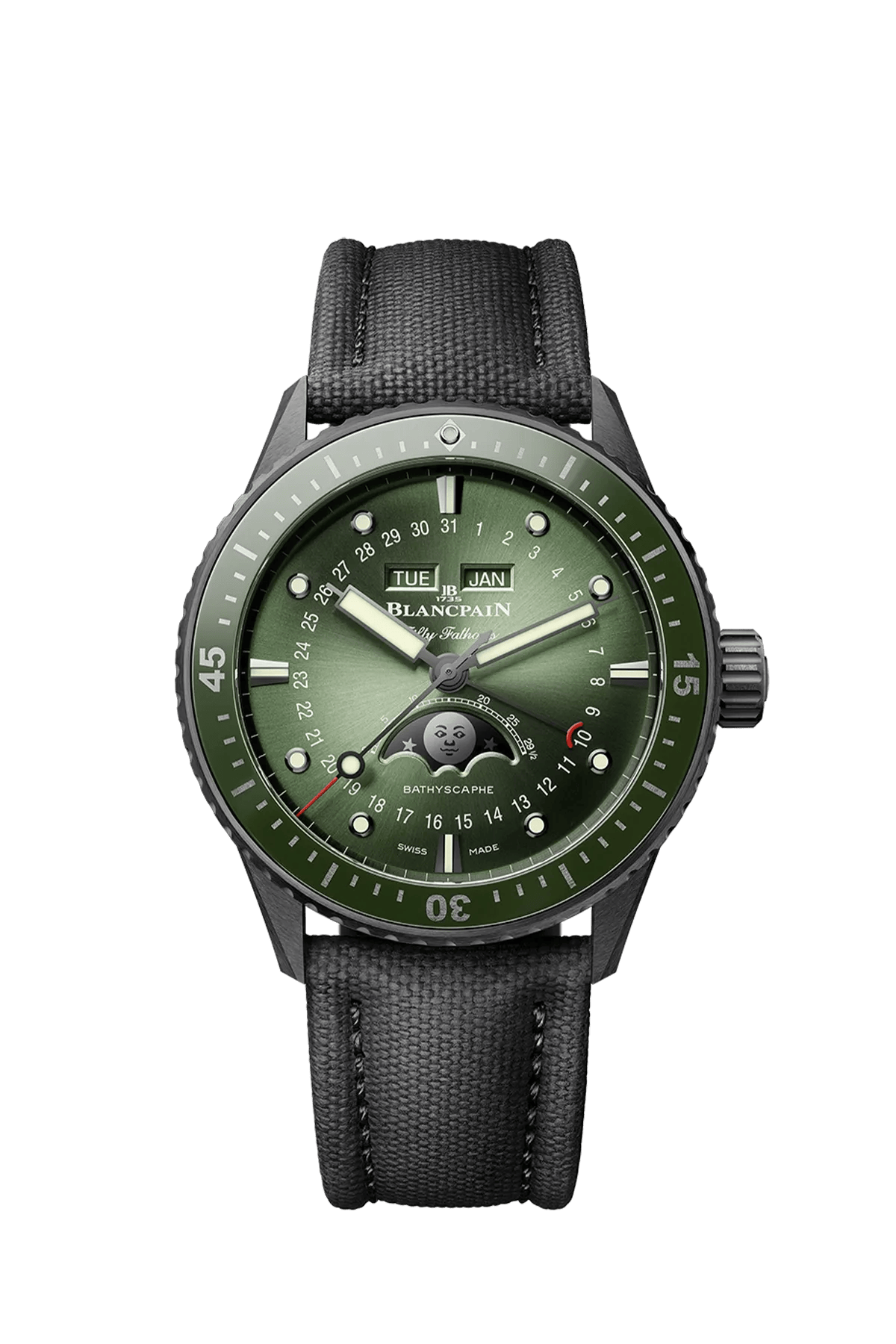 Blancpain Fifty Fathoms Bathyscaphe Quantième Complet Phases de Lune 5054-0153-B52A 43.6 mm Ceramic Green Dial Watch for Men