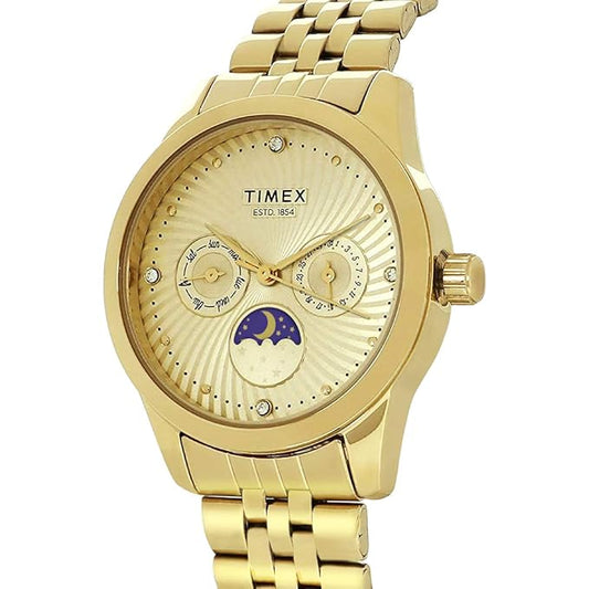TIMEX Moon Phase Multifunction Analog Champagne Dial Women's Watch-TWEL13104