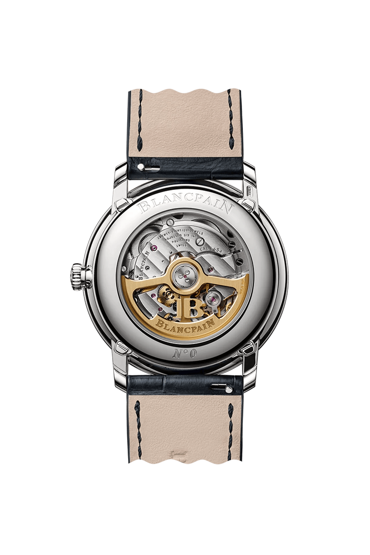 Blancpain Villeret Quantième Complet 6654N-1142-55B – sapphire caseback showing calibre 6654