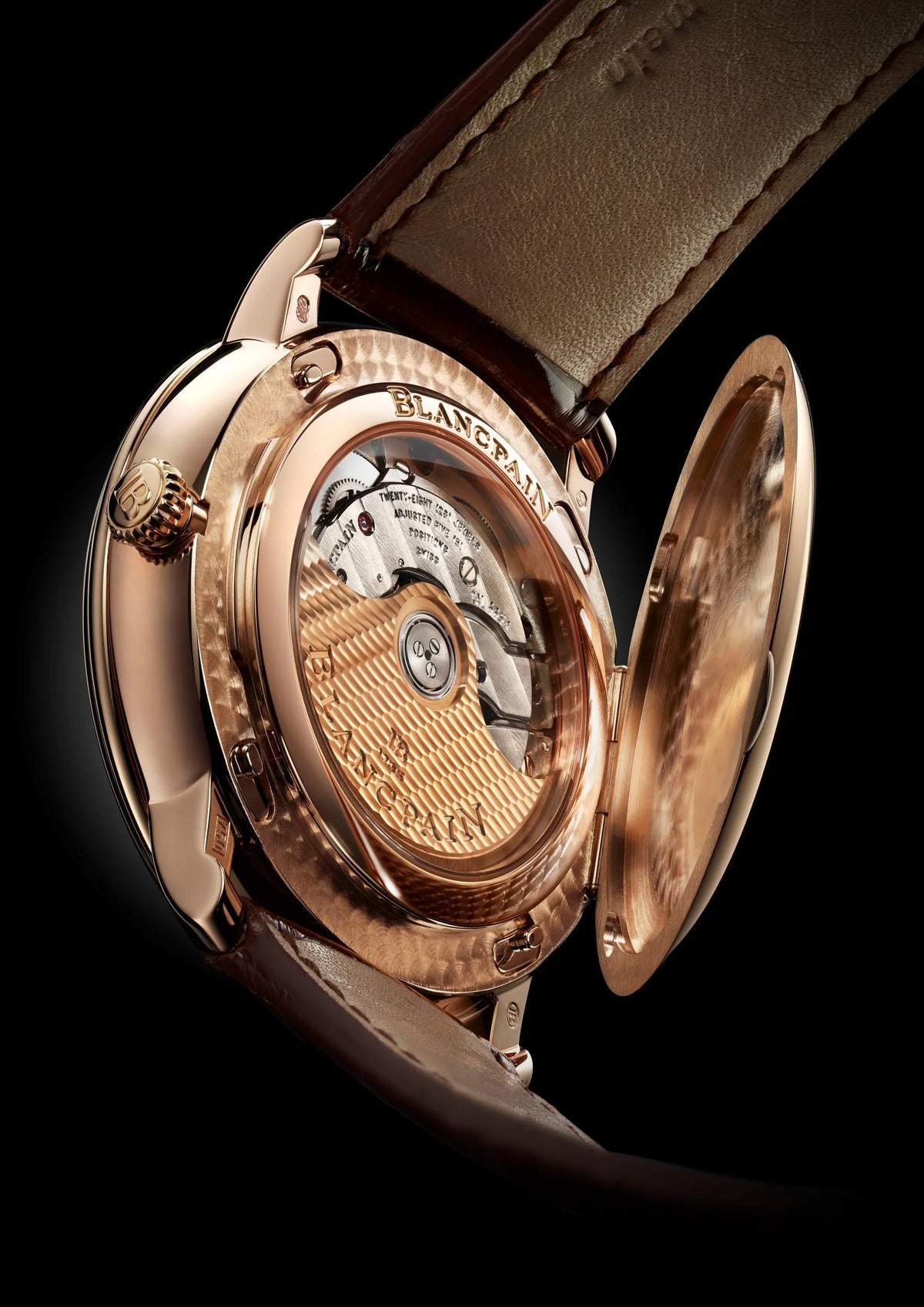 Blancpain Villeret 6664-3642-55B – hinged demi-savonnette cover open over the movement