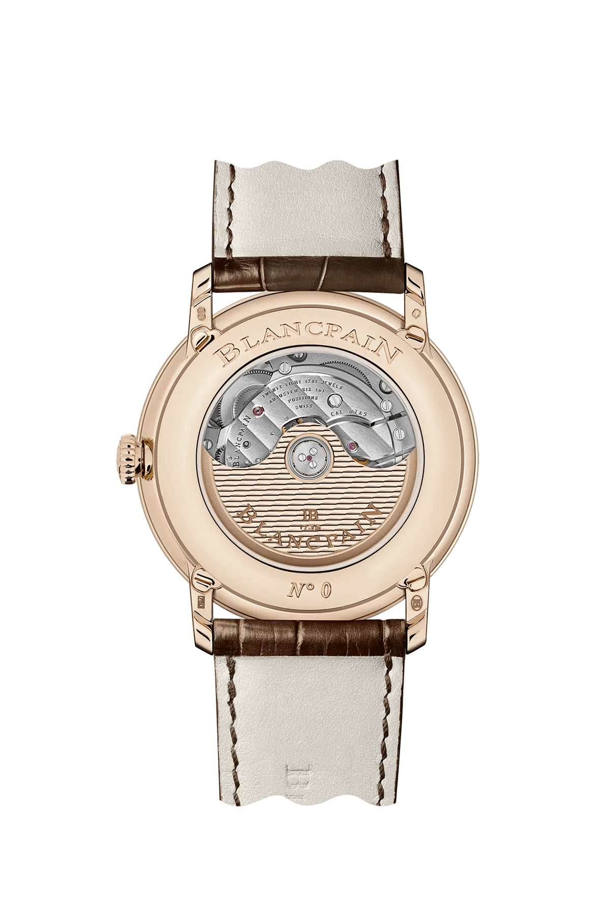 Blancpain Villeret Quantième Complet Phases de Lune GMT 6676-3642-55B – sapphire caseback showing calibre 67A5