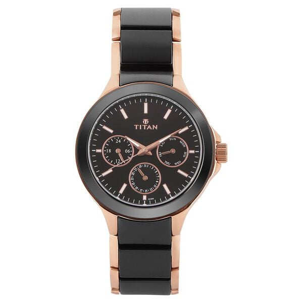 Titan Quartz Multifunction Black Dial Stainless Steel & Ceramic Strap Watch for Men