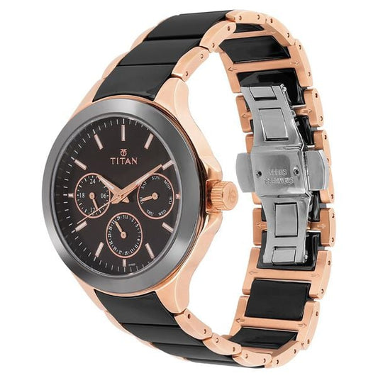 Titan Quartz Multifunction Black Dial Stainless Steel & Ceramic Strap Watch for Men