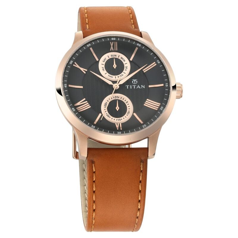 NQ90100WL02 Titan Quartz Multifunction Black Dial Leather Strap Watch for Men