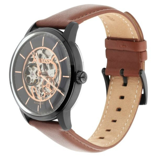 Titan Automatics Black Dial Tan Leather Strap Watch for Men