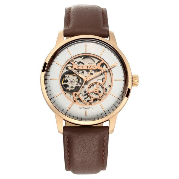 Titan Automatic Silver Dial Brown Leather Strap Watch for Men