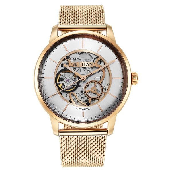 Titan Skeletal Automatic Gold Dial Gold Stainless Steel Strap Watch for Men