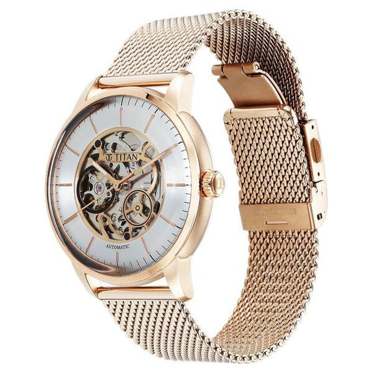 Titan Skeletal Automatic Gold Dial Gold Stainless Steel Strap Watch for Men