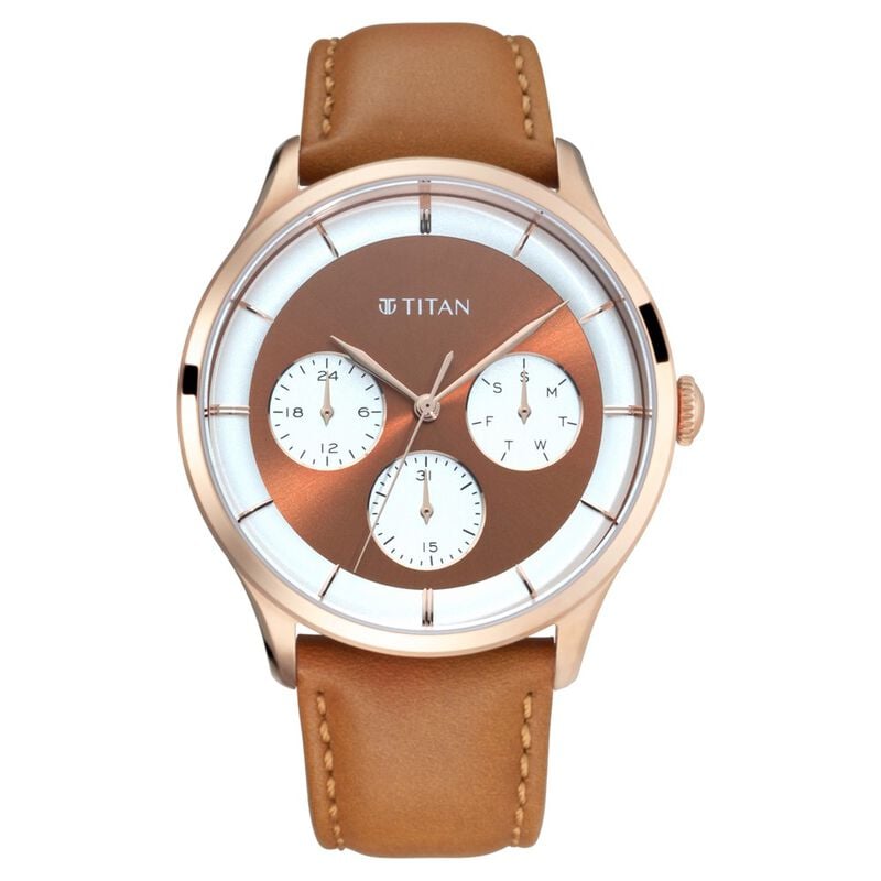 Titan Light Leathers Rose Gold Dial Quartz Multifunction Leather Strap watch for Men-90125WL02