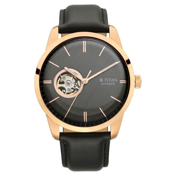 Titan Automatic Open Heart Black Dial Black Leather Strap Watch for Men