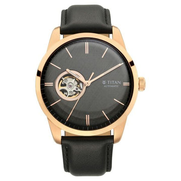 Titan Automatic Open Heart Black Dial Black Leather Strap Watch for Men