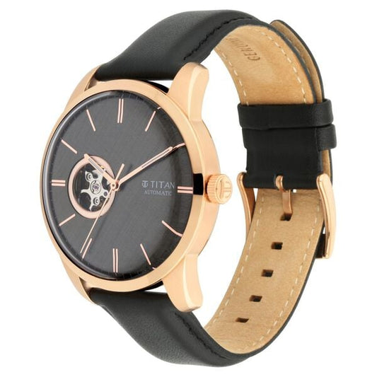 Titan Automatic Open Heart Black Dial Black Leather Strap Watch for Men