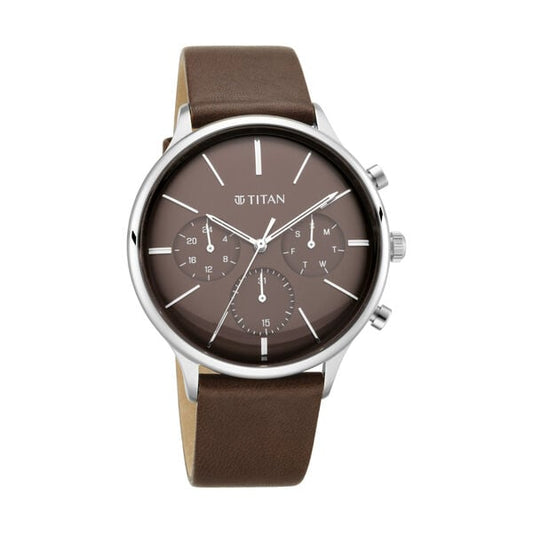Titan Quartz Multifunction Brown Dial Leather Strap Watch for Men