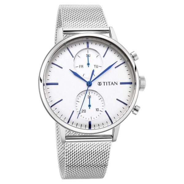 Titan Light Leathers Multifunction Silver Dial Silver Stainless Steel Strap Watch For Men