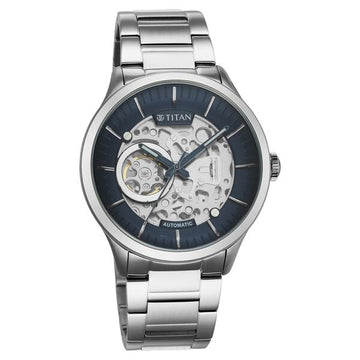 Titan Metal Mechanicals Blue Dial Silver Stainless Steel Strap Watch for Men