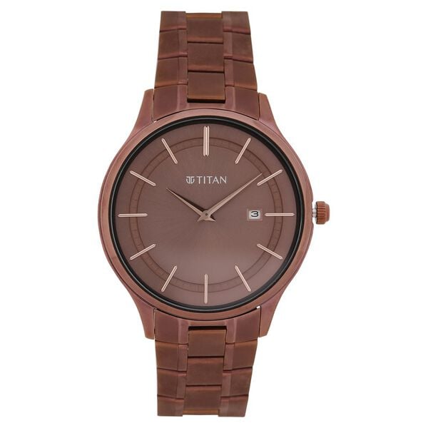 Titan Classique Slimline Brown Dial Analog with Day and Date Stainless Steel Strap Watch for Men