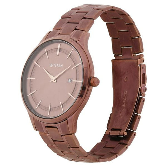Titan Classique Slimline Brown Dial Analog with Day and Date Stainless Steel Strap Watch for Men