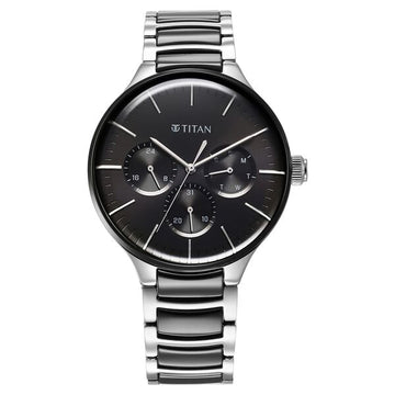 Titan Ceramic Fusion Quartz Multifunction Black Dial Silver Dual-Toned Stainless Steel Bracelet Watch for Men
