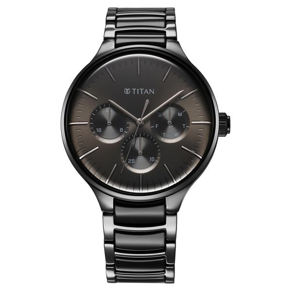 Titan Ceramic Fusion Multifunction Black Round Dial Two Toned Stainless Steel Strap Watch For Men