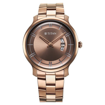 Titan Clasique Slim Quartz Analog with Date Coffee Brown Dial Stainless Steel Strap Watch For Men