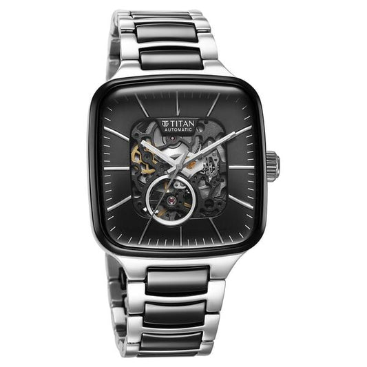 Titan Ceramic Fusion Automatic Square Black Dial Silver Dual-Toned  Watch for Men