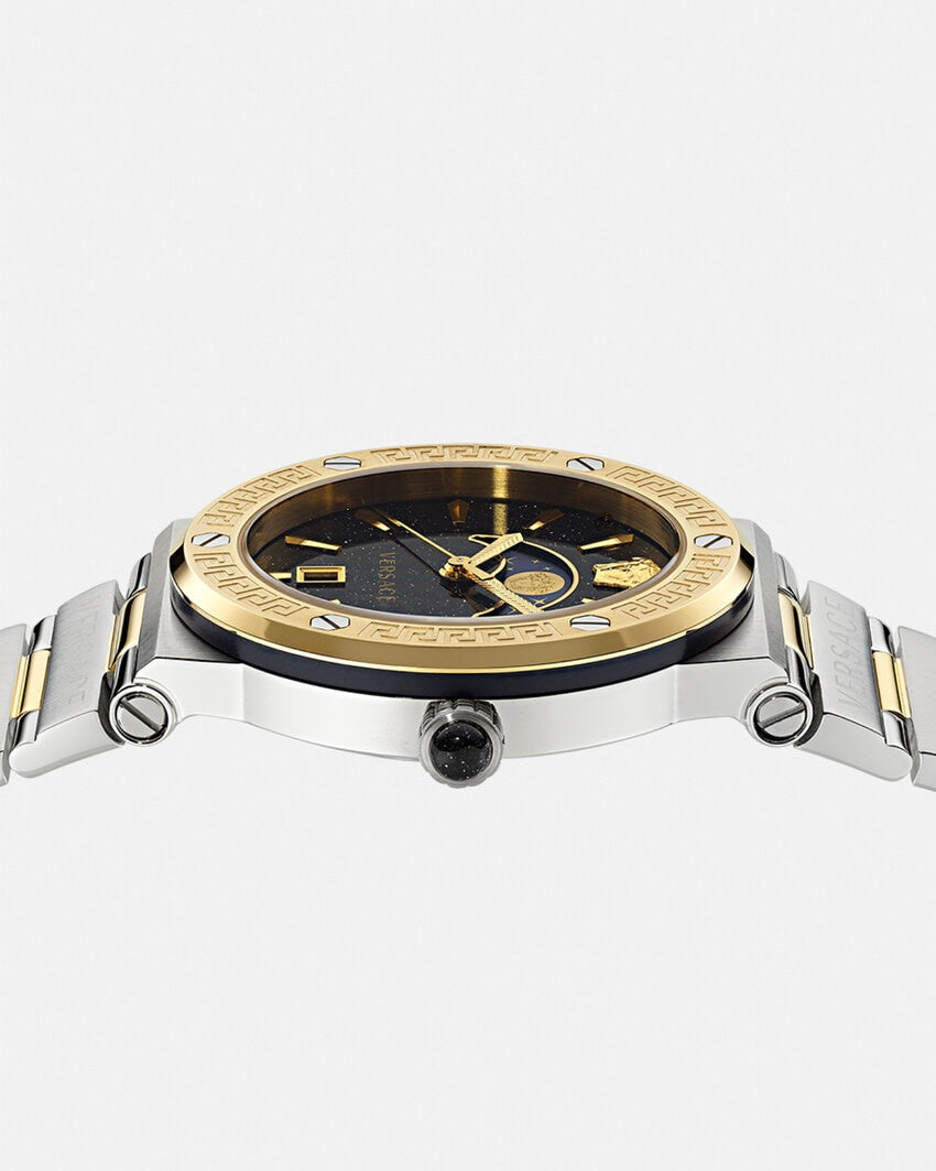 Versace Greca Logo Moonphase Black Dial Two Tone Steel Strap Watch for Men - VE7G00223