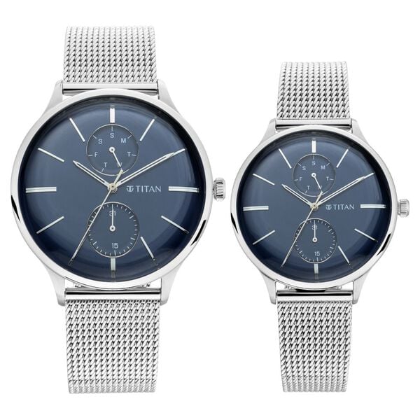 Titan Quartz Multifunction Blue Dial Stainless Steel Strap Watch for Couple