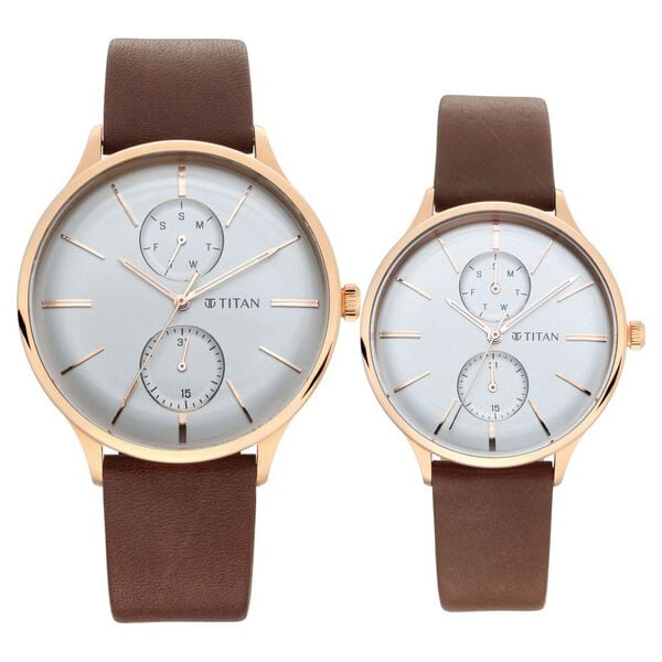 Titan Bandhan White Dial Quartz Multifunction Leather Strap watch for Couple