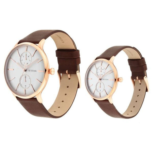 Titan Bandhan White Dial Quartz Multifunction Leather Strap watch for Couple