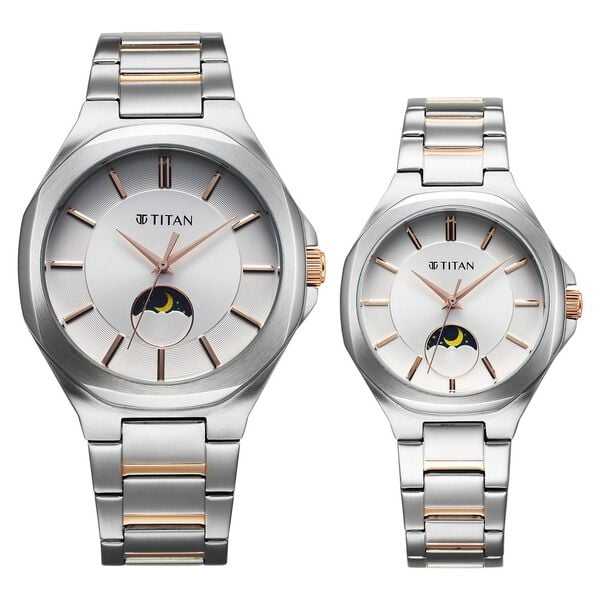 Titan Bandhan Quartz Analog Sun-Moon Silver Dial Watch For Couple