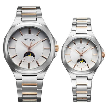 Titan Bandhan Quartz Analog Sun-Moon Silver Dial Watch For Couple