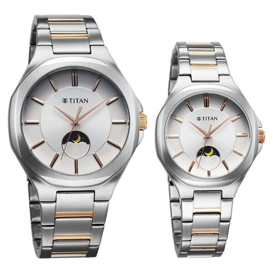Titan Bandhan Quartz Analog Sun-Moon Silver Dial Watch For Couple
