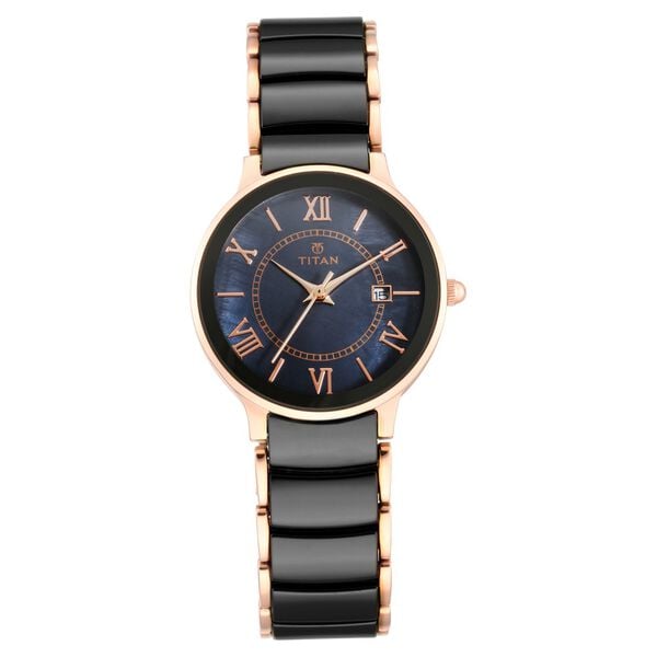Titan Quartz Analog with Date Black Dial Stainless Steel & Ceramic Strap Watch for Women