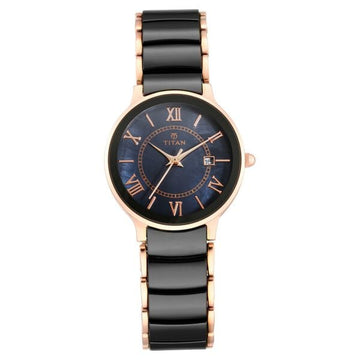 Titan Quartz Analog with Date Black Dial Stainless Steel & Ceramic Strap Watch for Women
