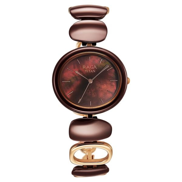Titan Raga Ceramics Quartz Analog Brown Mother of pearl Dial Metal & Ceramic Strap Strap Watch For Women
