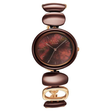Titan Raga Ceramics Quartz Analog Brown Mother of pearl Dial Metal & Ceramic Strap Strap Watch For Women