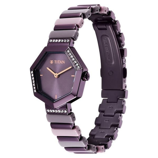 Titan Glitz Purple Dial Metal & Plastic Strap Watch for Women