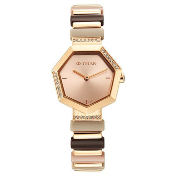 Titan Glitz Rose Gold Dial Analog Metal and Plastic Strap watch for Women