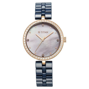 Titan Purple Ceramics Quartz Analog Mother of Pearl Dial Blue Ceramic Strap Watch For Women